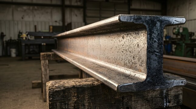 Industrial steel I-beam in metal fabrication workshop. Heavy structural steel girder for construction. Metalwork manufacturing facility.