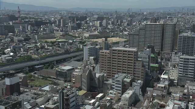 A fixed-angle, high-angle shot of Sakai City, Osaka.