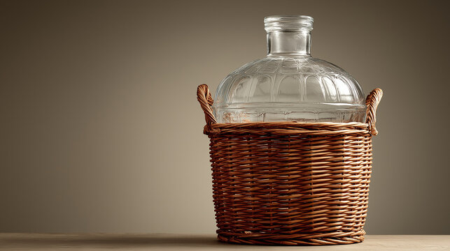 Big glass demijohn placed on weathered wooden table, household wine storage aesthetic