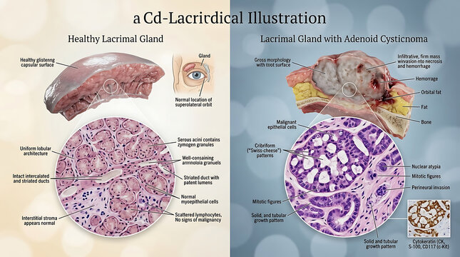 Healthy Lacrimal Gland Versus Adenoid Cystic Carcinoma Cribriform Pattern and Perineural Invasion