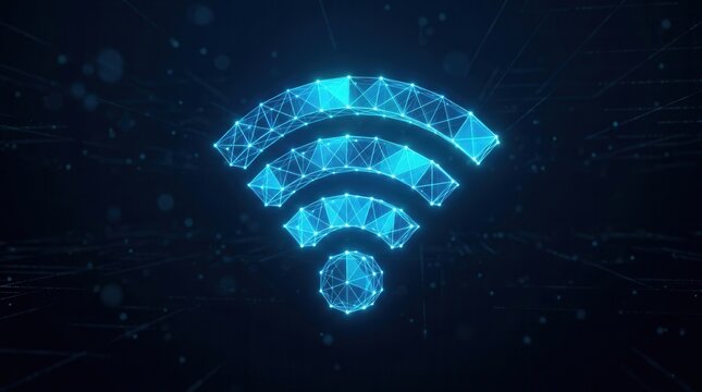 Glowing low-poly WiFi icon rendered in a dark digital space with artistic connections.