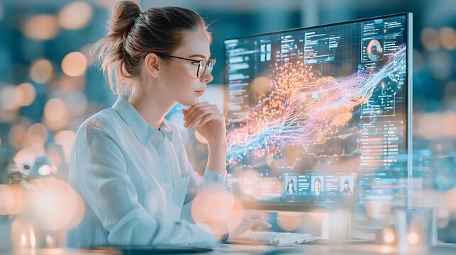 Analysis AI Dashboard HR learning and development director reviewing AI-powered skills gap analysis dashboard on large monitor, heat map showing team competency levels across departments, recommended 