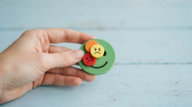 Hand holding green smiley circle on blue background Customer satisfaction and feedback placing happy