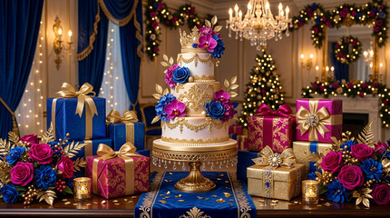 Obraz premium Opulent Blue Gold Birthday Cake with Colorful Flowers and Gift Boxes