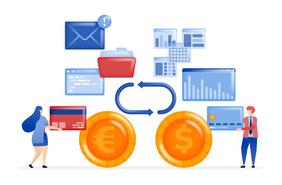 Money transfers and financial analysis of bill and tax payments with banking systems, currency exchange and credit card loans, illustration concept