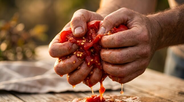 Hands crushing ripe red tomato, celebrating the traditional La Tomatina festival spirit in Spain
