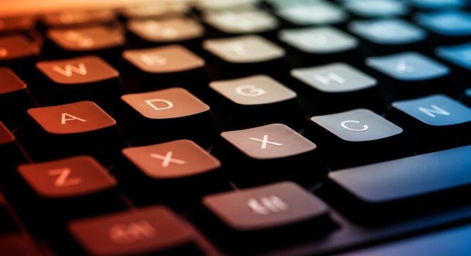Abstract Close Up of Computer Keyboard Keys with Colorful Gradient Lighting for Technology Background
