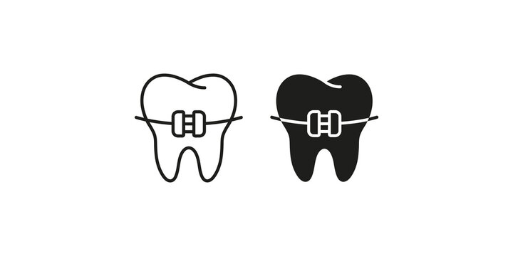 Tooth icon with orthodontic braces for dentistry clinic signage and dental treatment visualization.