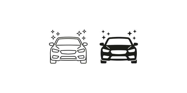 Shiny clean car icon set featuring outline and solid styles representing automotive detailing and vehicle maintenance.