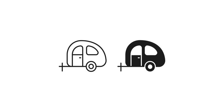 Small travel trailer caravan icon in outline and solid styles representing road trip adventure and camping equipment.