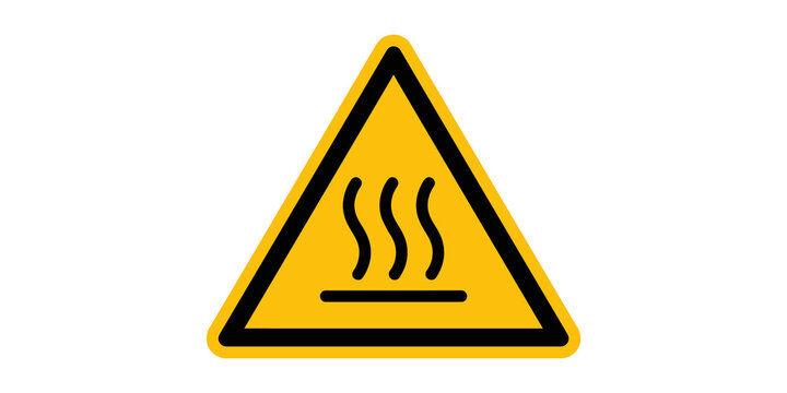 Hot surface warning triangle sign with yellow and black heat steam graphic for safety.