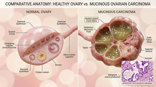 Healthy Ovary Versus Mucinous Carcinoma Multiloculated Cysts and Abundant Mucin Production