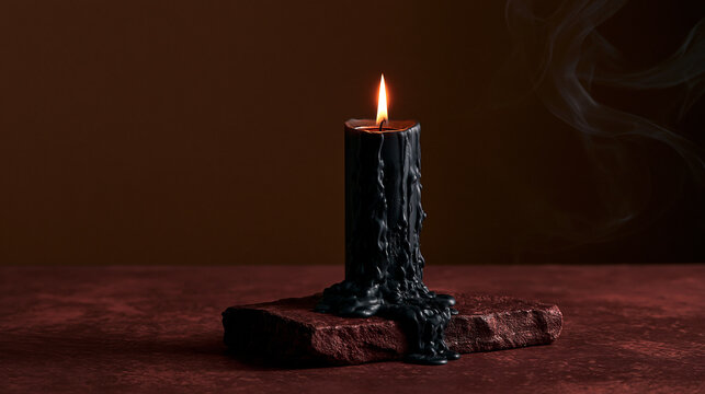 Black burning candle with smoke on a dark red background