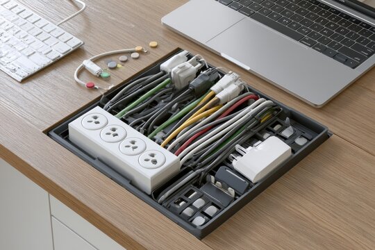 Compact cable management tray with organized power strip under home office desk