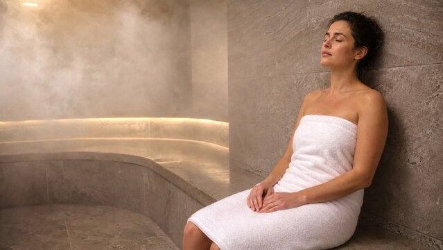 Woman Sitting In Spa Sauna Wrapped In White Towel With Eyes Closed