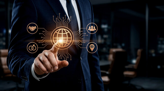 Executive pressing glowing global network icon on digital screen to build brand trust and corporate reputation through virtual business hologram interface