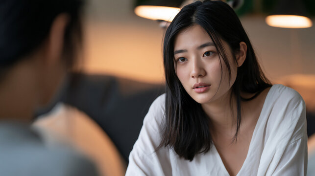 Young Asian woman in serious discussion in warm ambient light room