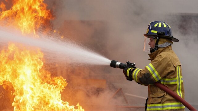 Firefighter in protective gear aiming high pressure hose spray at intense flames beside smoke filled building during active emergency response