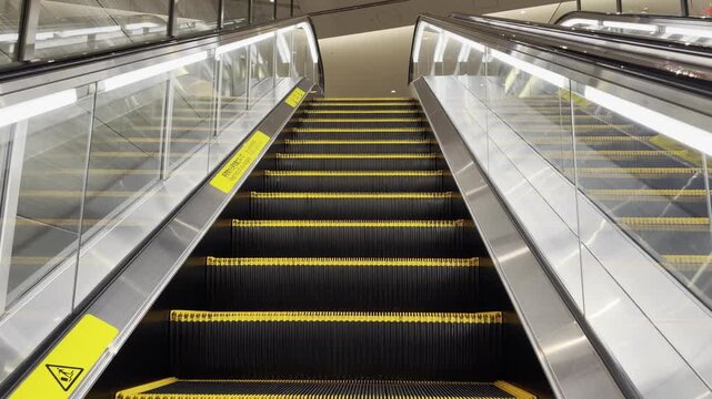 Ota, Japan - January 26, 2026: Escalator steps with yellow warning lines and glass railings in a modern indoor setting, showcasing a continuous upward movement
