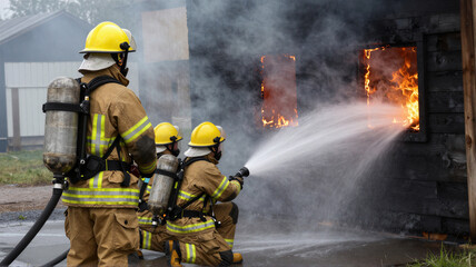Fototapeta premium Firefighters in protective gear spraying water on burning wooden building with bright flames through window and thick smoke during emergency response