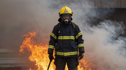 Fototapeta premium Firefighter in yellow helmet and respirator advancing with hose through thick smoke beside bright flames during dangerous emergency response scene