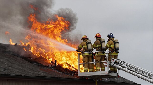 Firefighters in protective gear stand on elevated ladder as large rooftop flames and smoke burst upward during emergency response above city street