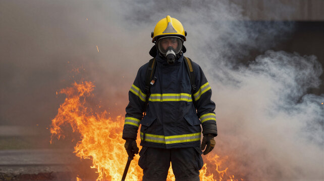 Firefighter in yellow helmet and respirator advancing with hose through thick smoke beside bright flames during dangerous emergency response scene
