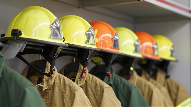 Row of firefighter helmets with face shields hanging on station rack, colorful protective headgear ready for drills, safety planning, and emergency response