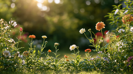 Fototapeta premium Late summer garden banner flower blurred edge sunlight bloom meadow greenery floral nature warm background with colorful blossom and soft bokeh around border