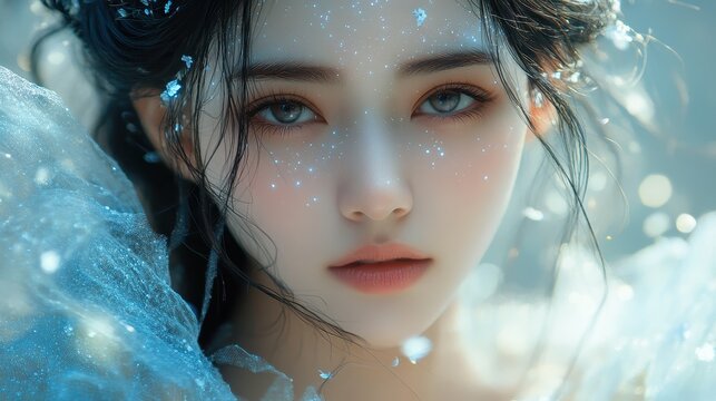 Portrait of a beautiful woman with glowing blue light and ethereal sparkling particles