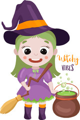 Cute Halloween witch girl in a purple hat stirs a bubbling magic cauldron. Perfect for cards, posters, stickers and seasonal campaigns