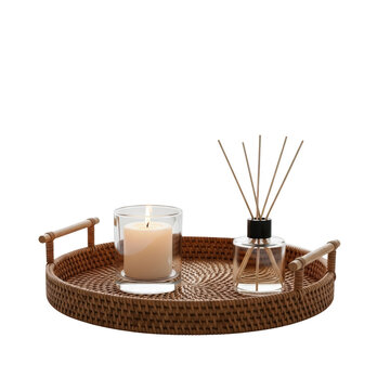 Woven tray with candle and diffuser.