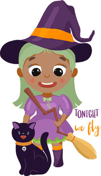 Cute Halloween witch girl with a purple hat, broom and black cat on a white background. Ideal for cards, posters, stickers and social media.
