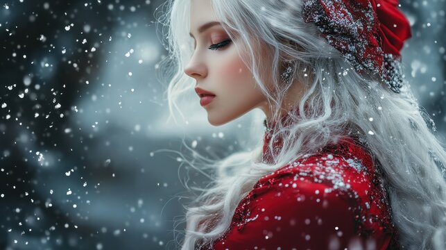 Woman with white hair in red winter clothing during a snowy day