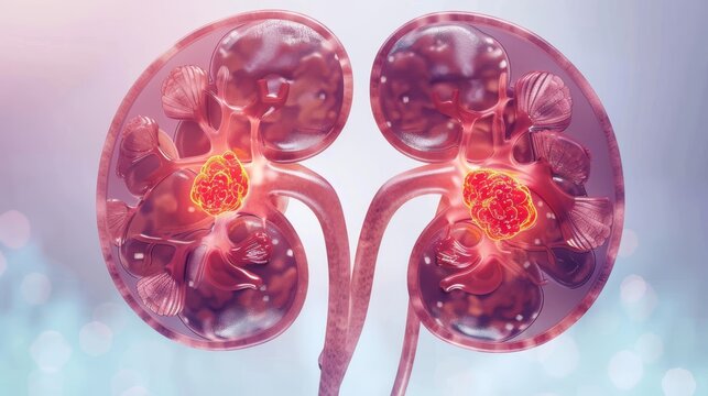 Cross‑section view of human kidneys with glowing yellow malignant tumor lesions, kidney cancer medical 3D illustration