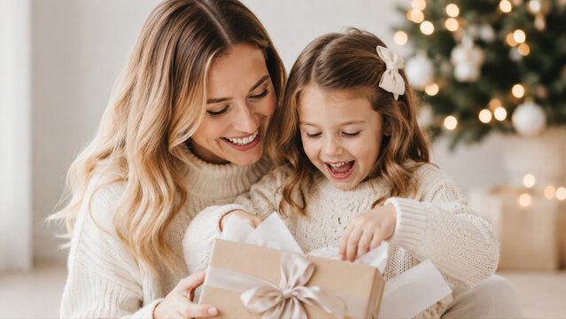Smiling woman and young girl opening a Christmas gift together by a decorated tree, sharing festive joy, family warmth, and holiday wonder