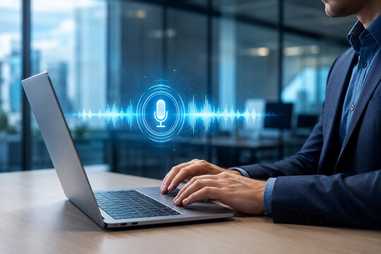 Businessman Using Laptop Voice Recognition Sound Wave Hologram