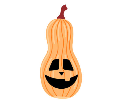 Tall peach-colored gourd-shaped jack-o-lantern with rectangular eyes and gentle smile on white background. Flat vector illustration