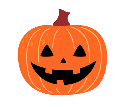 Classic smiling orange jack-o-lantern with triangle eyes and toothy grin on white background. Flat vector illustration