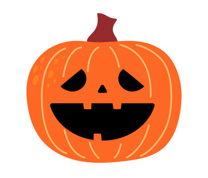 Orange jack-o-lantern with curved crescent eyes and toothy smile on white background. Flat vector illustration