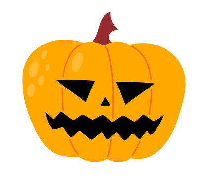 Angry yellow-orange jack-o-lantern with triangle eyes and jagged zigzag mouth on white background. Flat vector illustration