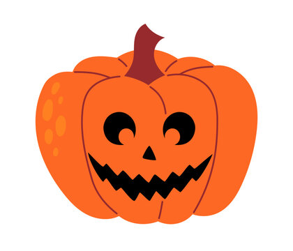 Segmented orange jack-o-lantern with crescent eyes and cheerful zigzag smile on white background. Flat vector illustration