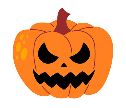Angry orange jack-o-lantern with dark outlined segments, curved eyes and jagged scary mouth on white background. Flat vector illustration