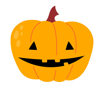 Yellow-orange jack-o-lantern with pointed triangle eyes and asymmetric toothy grin on white background. Flat vector illustration