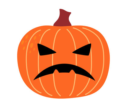 Angry orange jack-o-lantern with sharp triangle eyes and frowning mouth on white background. Flat vector illustration