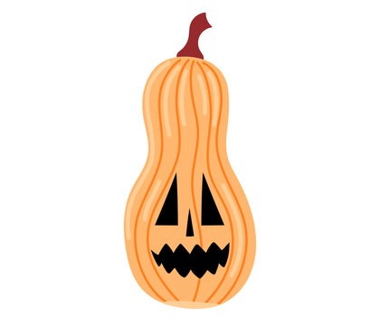 Tall peach-colored gourd-shaped jack-o-lantern with triangle eyes, nose and zigzag mouth on white background. Flat vector illustration