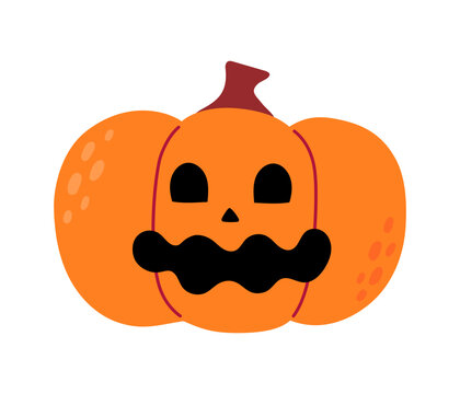 Orange jack-o-lantern with dark outlined segments, round eyes and wavy scalloped mouth on white background. Flat vector illustration