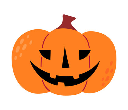 Orange jack-o-lantern with dark outlined segments, asymmetric triangle eyes and wide toothy smile on white background. Flat vector illustration