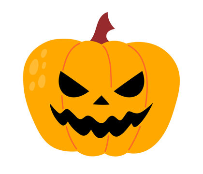 Angry yellow-orange jack-o-lantern with slanted triangle eyes and jagged scary mouth on white background. Flat vector illustration
