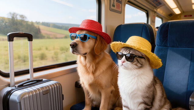Funny cat and dog wearing sunglasses and summer hats traveling by train with suitcase, looking through window at countryside landscape